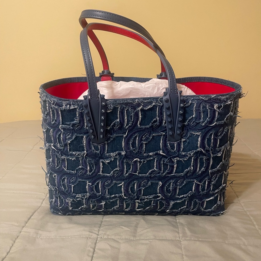 Christian Louboutin Denim Frayed Tote Bag with Red Interior